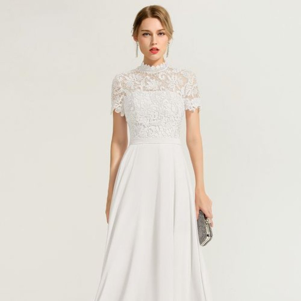 NWT JJ's House Ivory A-Line High Neck Floor-Length Chiffon Lace Evening Dress